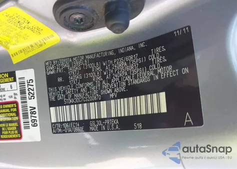 2012 Toyota Sienna Le V6 8 Passenger z USA, uszkodzony, nr VIN 5TDKK3DC7CS200870